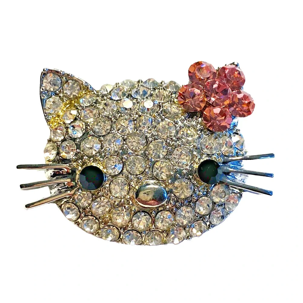 Cat Brooch Pendant Silvertone & Clear White Rhinestones Pink Flower Hello Kitty